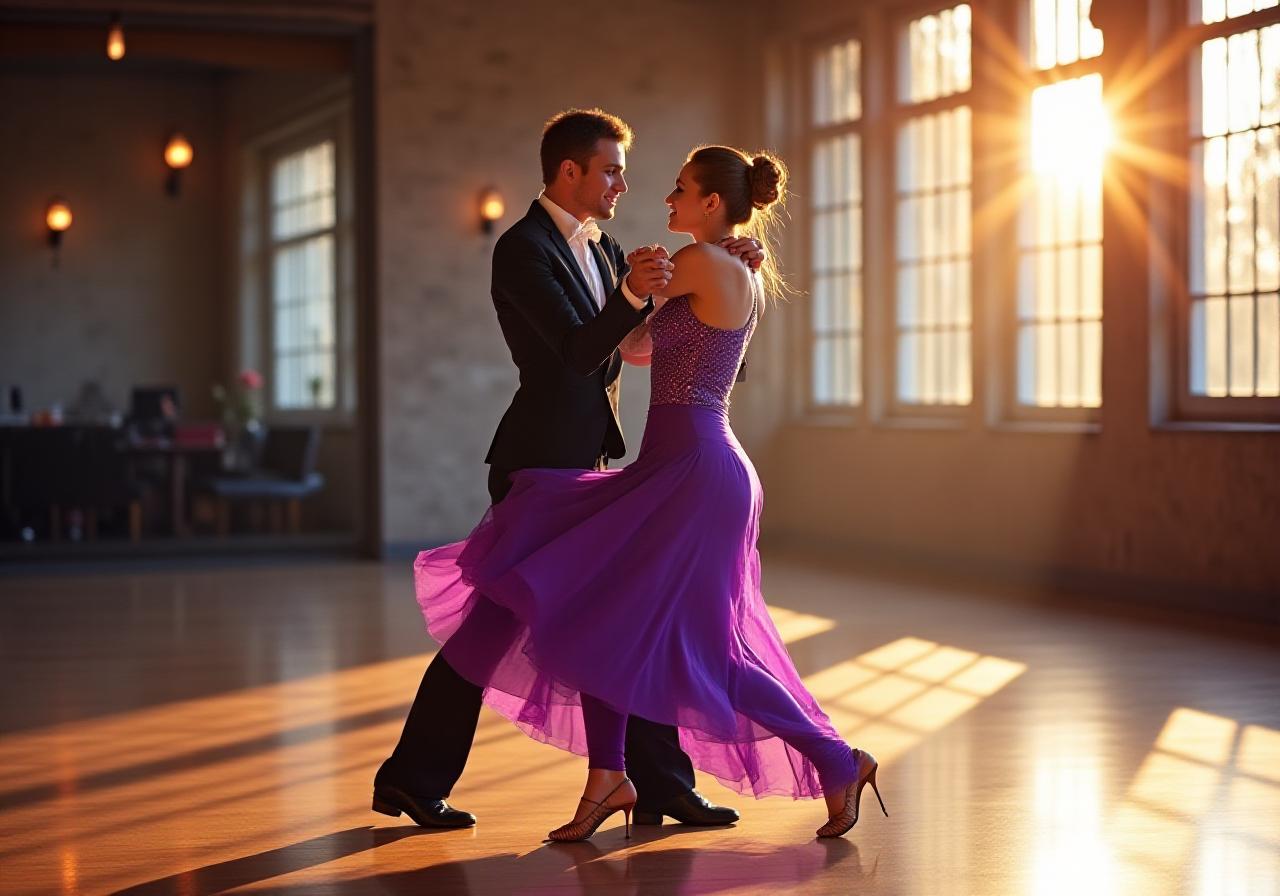 A professional dance couple performing a dramatic dip on a light-filled ballroom floor