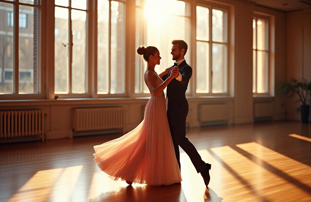 Couple dancing ballroom in a bright New York studio