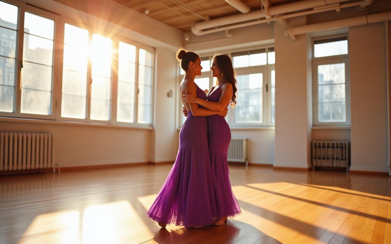 Couple practicing their first dance in a sunlit ballroom